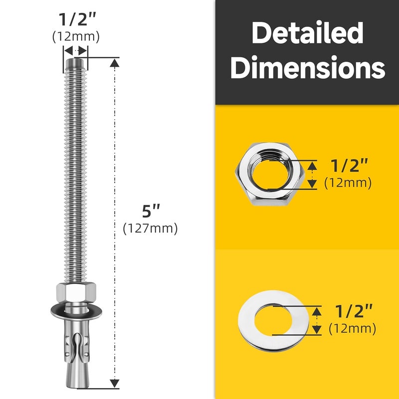 MYWISH 1/2 x 5 Inch Wedge Anchors, 5Pcs 304 Stainless Steel Industrial 1/2 Heavy Duty Industrial Masonry Wdege Anchor Bolts for Brick Cement and Concrete, Bright Finish - Image 2